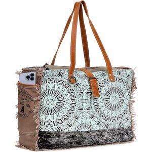 CLA Large Canvas Bag Multicolor Cowhide Leather Upcycle Womens Tote